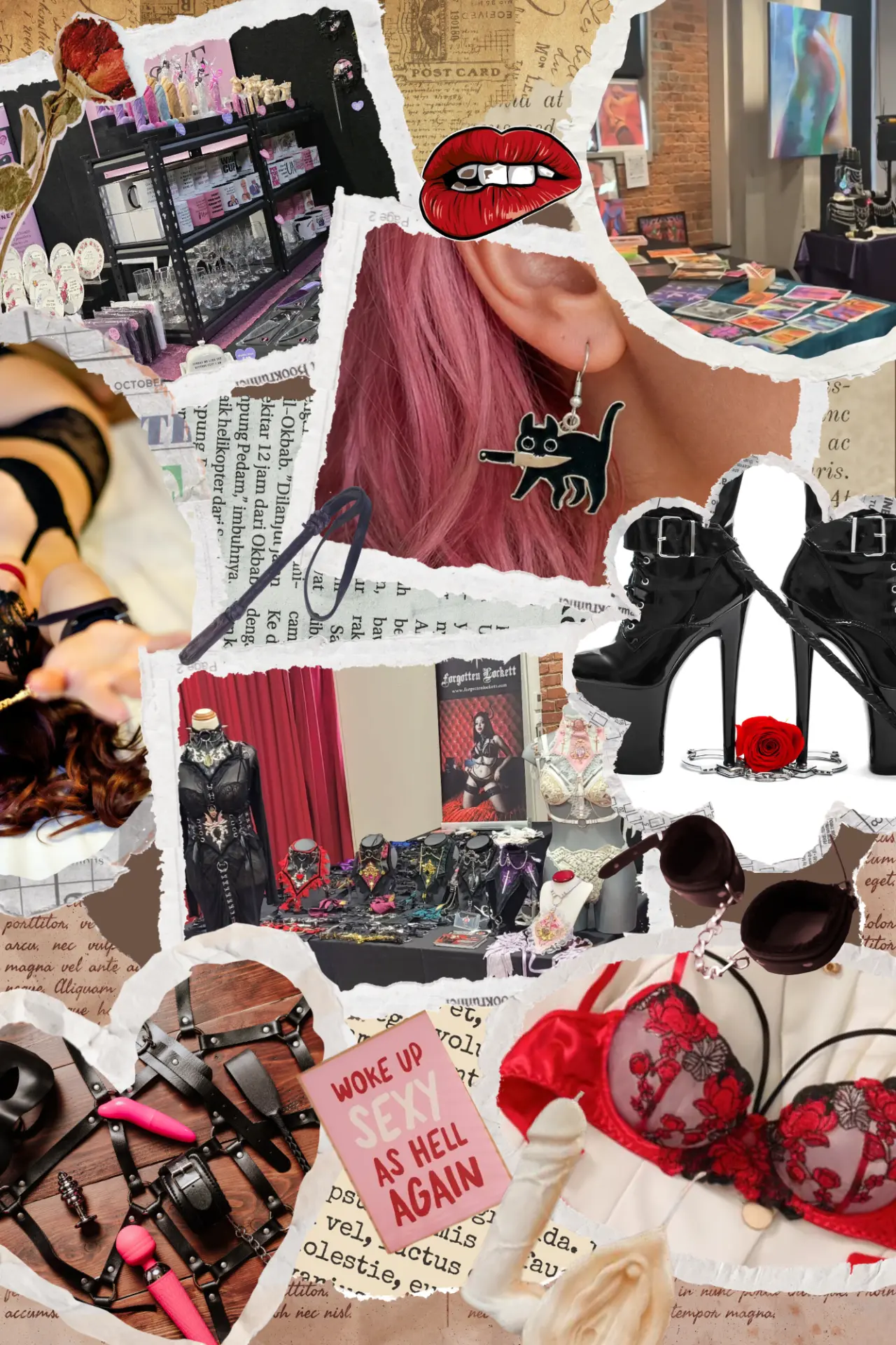 Collage of adult market vendor stalls, lingerie, jewellery and accessories